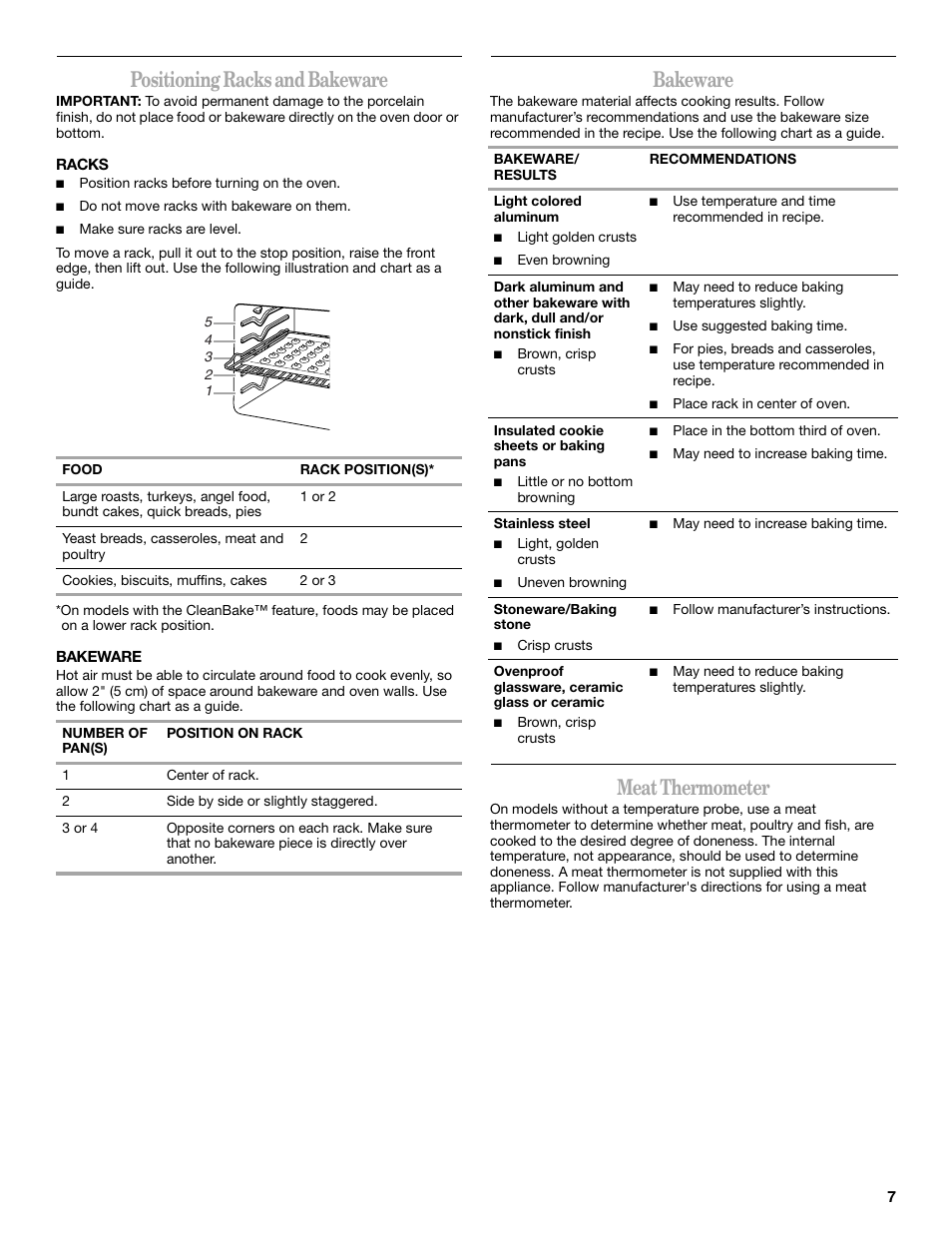 Positioning racks and bakeware, Bakeware, Meat thermometer | Amana W10181328B User Manual | Page 7 / 24