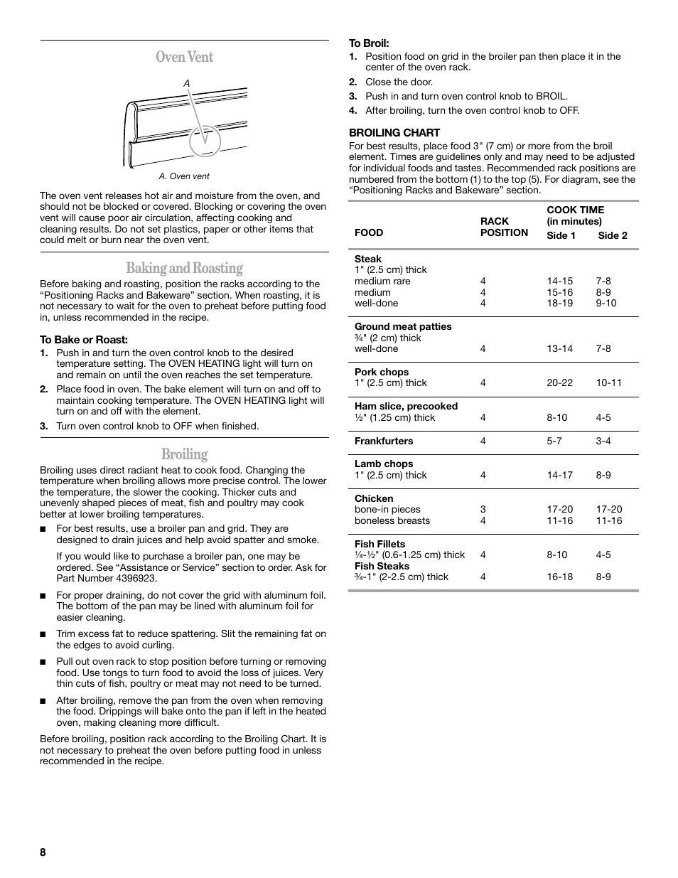 Oven vent, Baking and roasting, Broiling | Amana W10181328B User Manual | Page 8 / 24