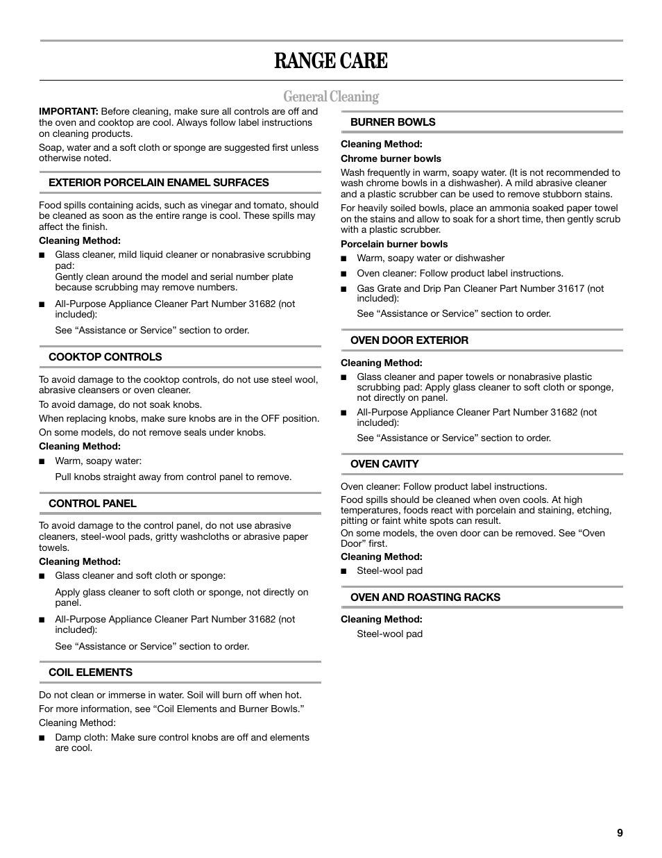 Range care, General cleaning | Amana W10181328B User Manual | Page 9 / 24