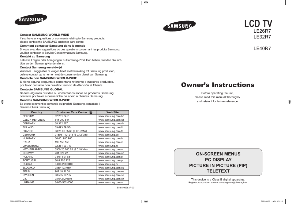 Samsung LE26R71B User Manual | 187 pages
