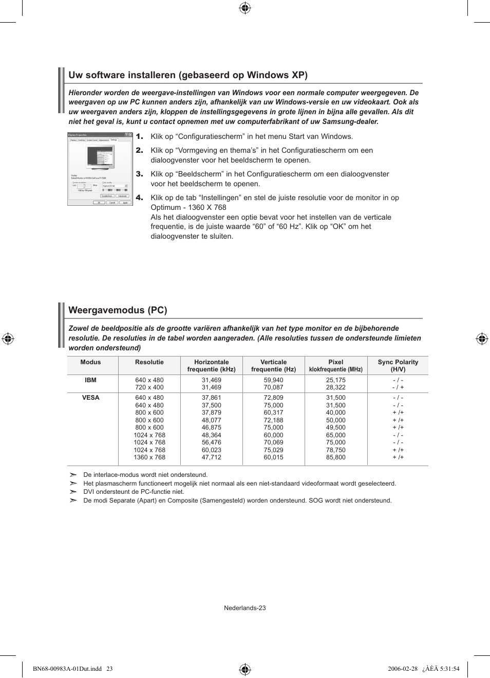Uw software installeren (gebaseerd op windows xp), Weergavemodus (pc) | Samsung LE26R71B User Manual | Page 103 / 187