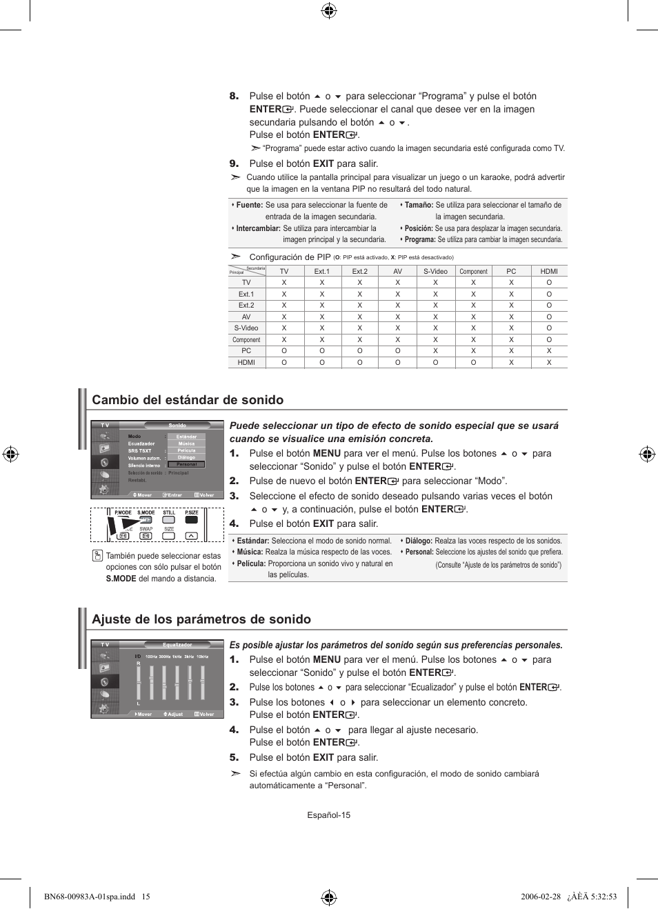 Cambio del estándar de sonido, Ajuste de los parámetros de sonido | Samsung LE26R71B User Manual | Page 121 / 187