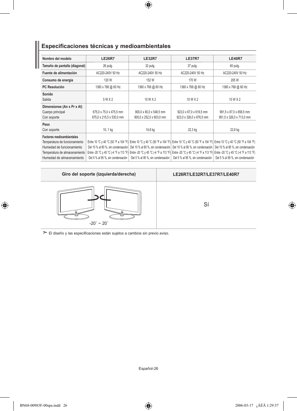 Especificaciones técnicas y medioambientales | Samsung LE26R71B User Manual | Page 132 / 187