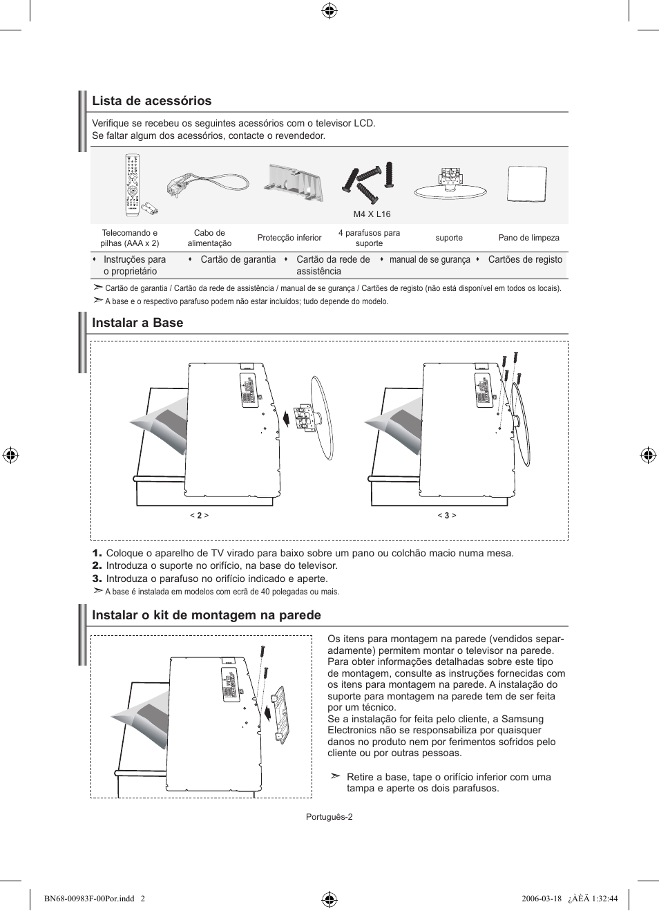Lista de acessórios, Instalar a base, Instalar o kit de montagem na parede | Samsung LE26R71B User Manual | Page 134 / 187