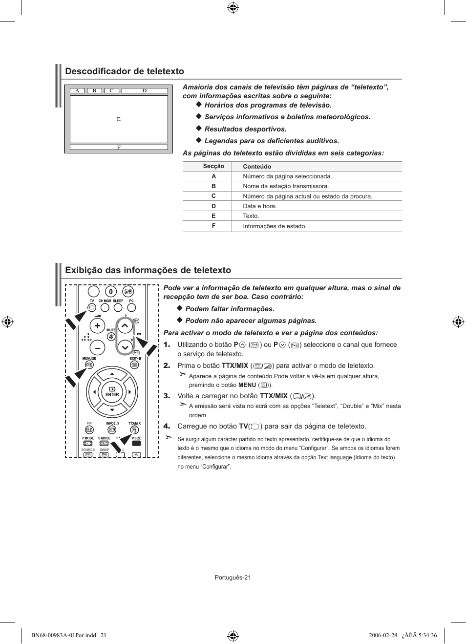 Descodificador de teletexto, Exibição das informações de teletexto | Samsung LE26R71B User Manual | Page 153 / 187