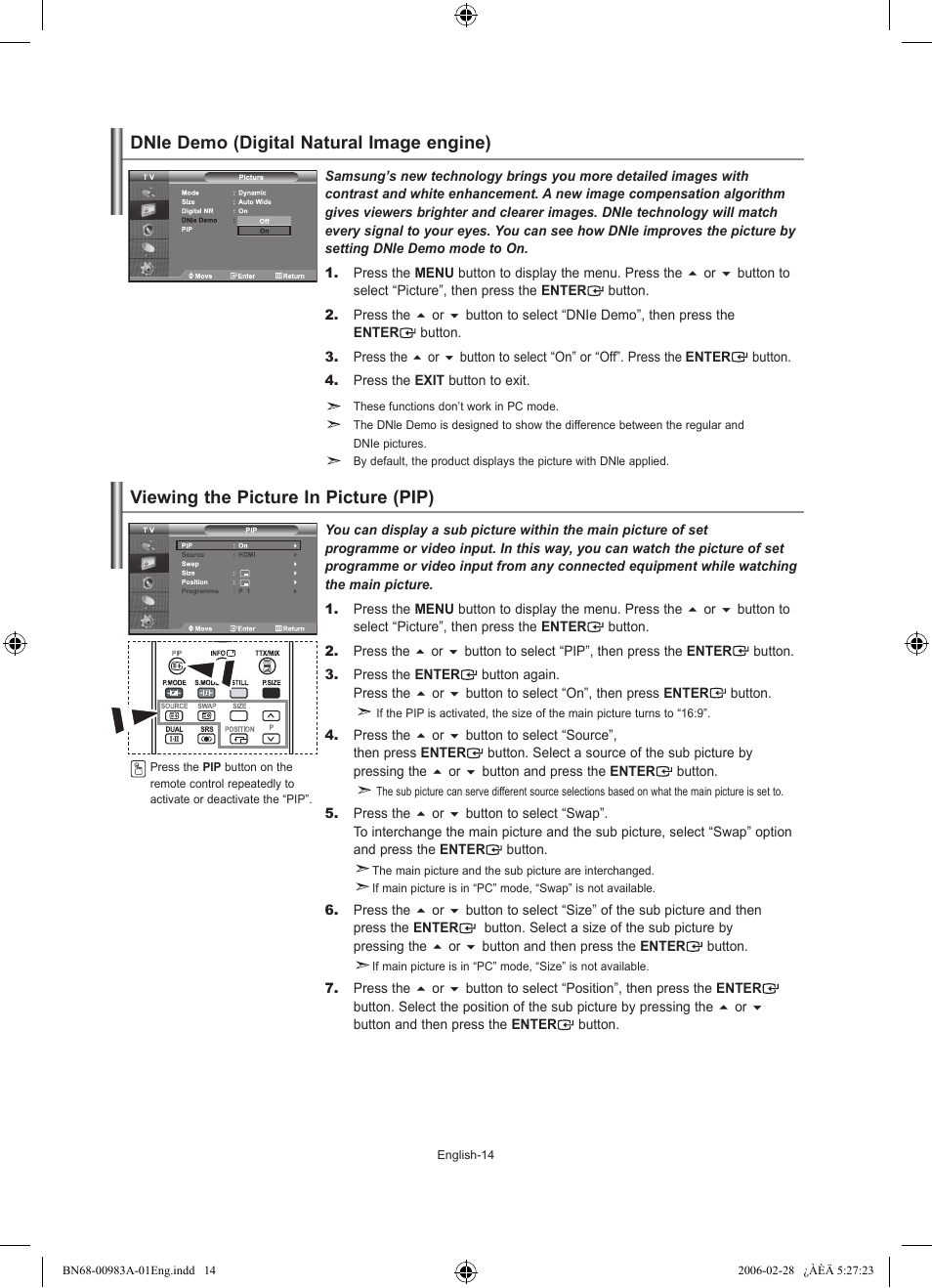 Dnie demo (digital natural image engine), Viewing the picture in picture (pip) | Samsung LE26R71B User Manual | Page 16 / 187