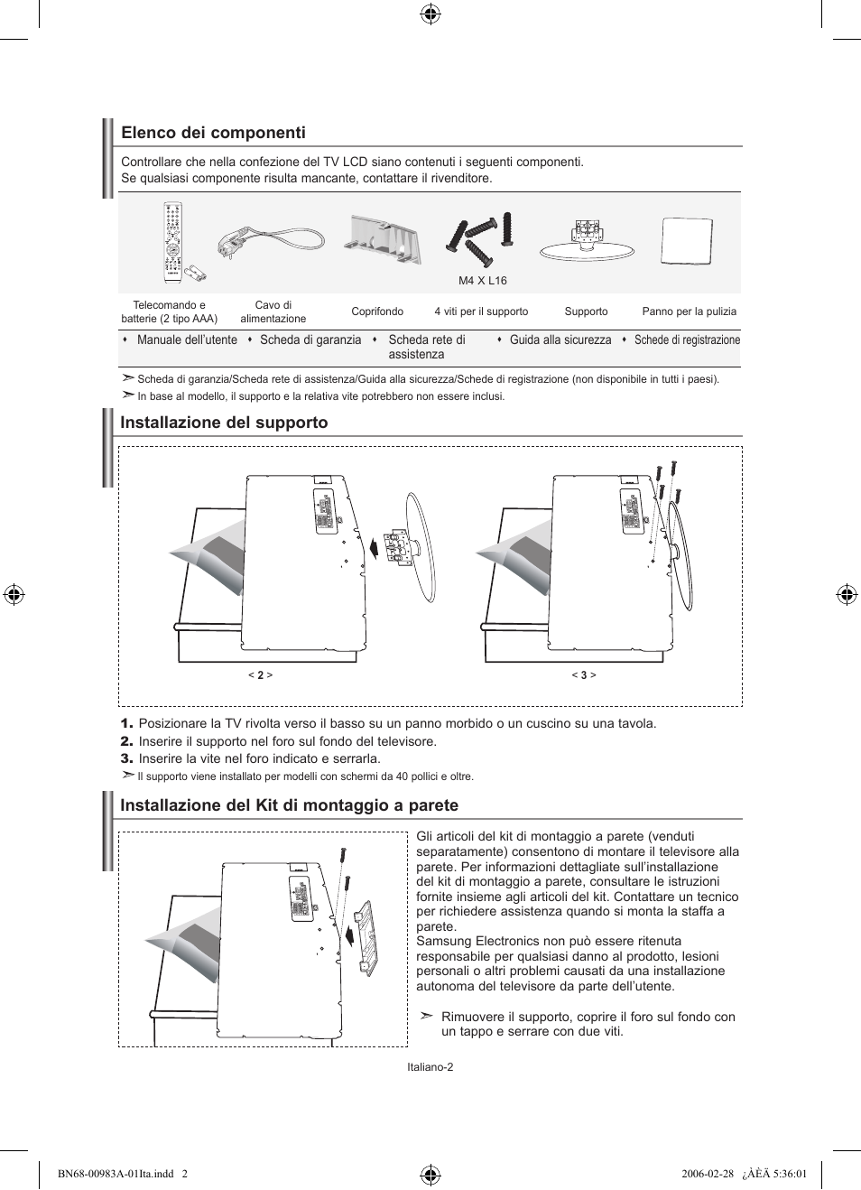 Elenco dei componenti, Installazione del supporto, Installazione del kit di montaggio a parete | Samsung LE26R71B User Manual | Page 160 / 187