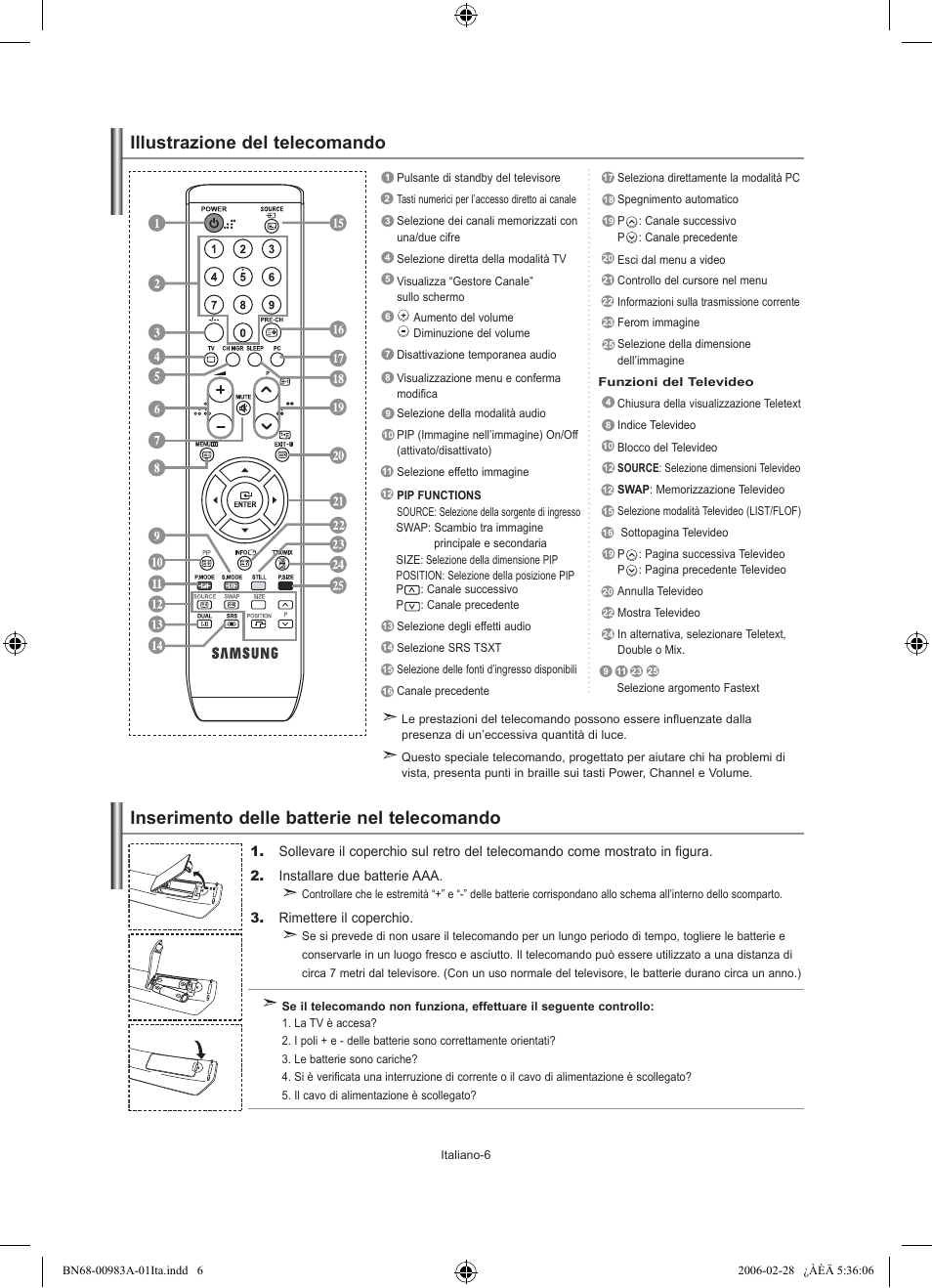 Inserimento delle batterie nel telecomando, Illustrazione del telecomando | Samsung LE26R71B User Manual | Page 164 / 187
