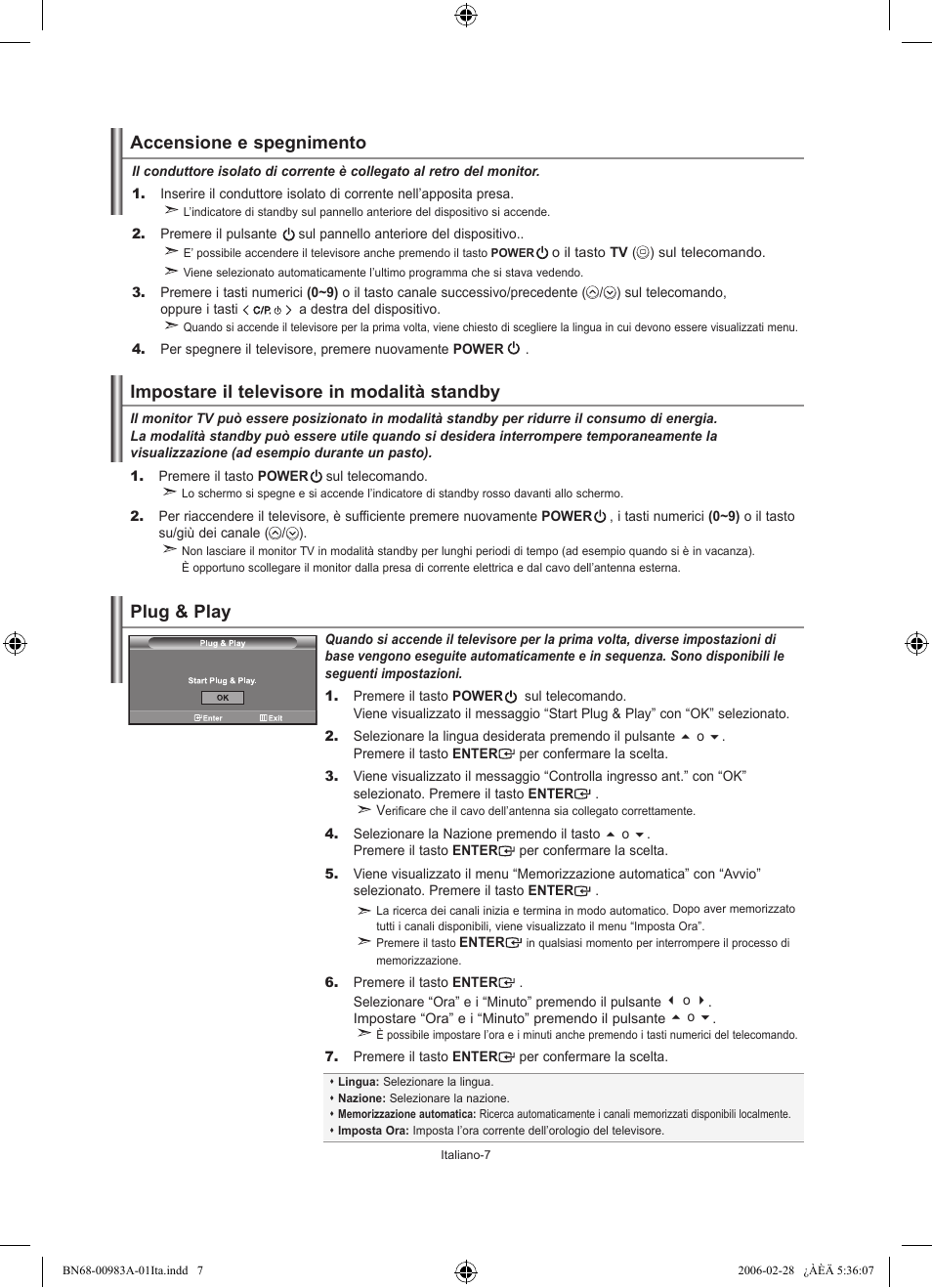 Accensione e spegnimento, Impostare il televisore in modalità standby, Plug & play | Samsung LE26R71B User Manual | Page 165 / 187
