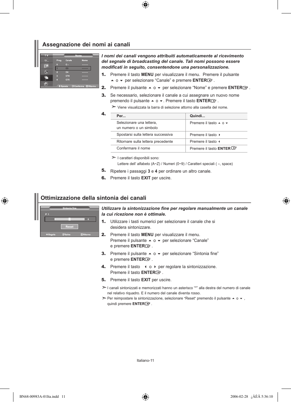 Ottimizzazione della sintonia dei canali, Assegnazione dei nomi ai canali | Samsung LE26R71B User Manual | Page 169 / 187