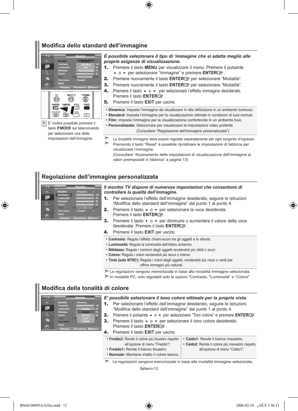 Modifica dello standard dell’immagine, Regolazione dell’immagine personalizzata, Modifica della tonalità di colore | Samsung LE26R71B User Manual | Page 170 / 187