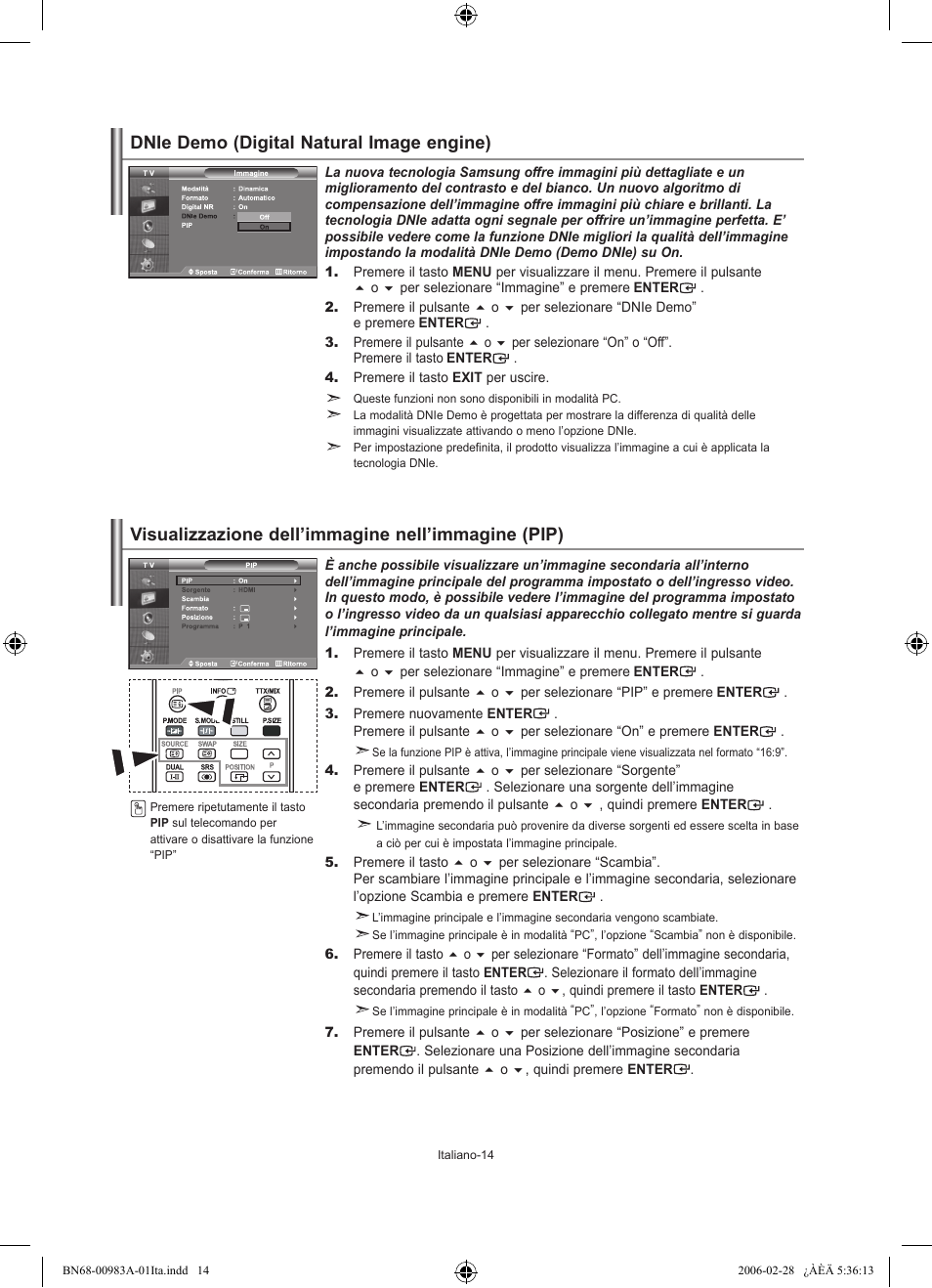 Visualizzazione dell’immagine nell’immagine (pip), Dnie demo (digital natural image engine) | Samsung LE26R71B User Manual | Page 172 / 187