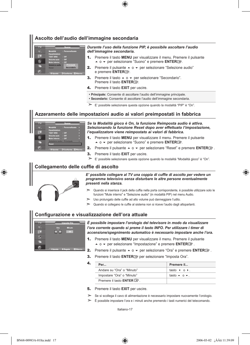 Ascolto dell’audio dell’immagine secondaria, Collegamento delle cuffie di ascolto | Samsung LE26R71B User Manual | Page 175 / 187