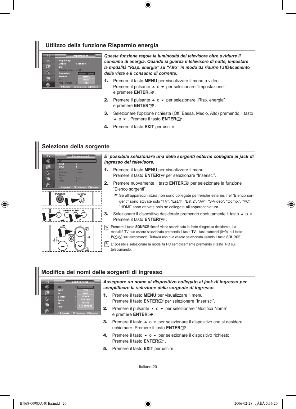 Utilizzo della funzione risparmio energia, Selezione della sorgente, Modifica dei nomi delle sorgenti di ingresso | Samsung LE26R71B User Manual | Page 178 / 187