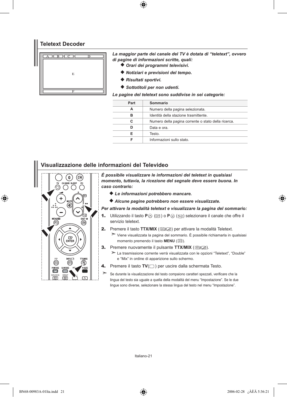 Visualizzazione delle informazioni del televideo, Teletext decoder | Samsung LE26R71B User Manual | Page 179 / 187