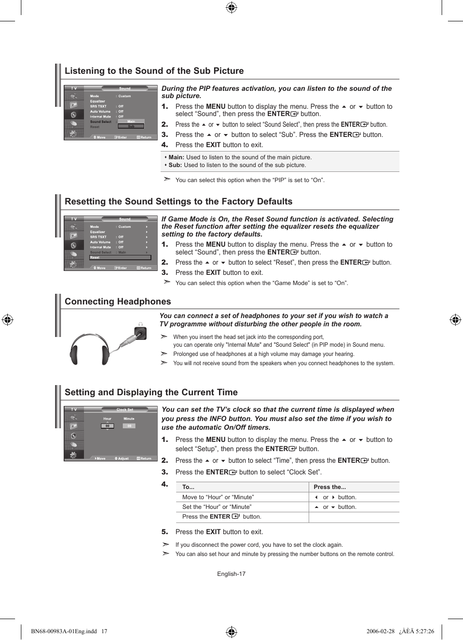 Listening to the sound of the sub picture, Connecting headphones, Setting the time | Setting and displaying the current time | Samsung LE26R71B User Manual | Page 19 / 187