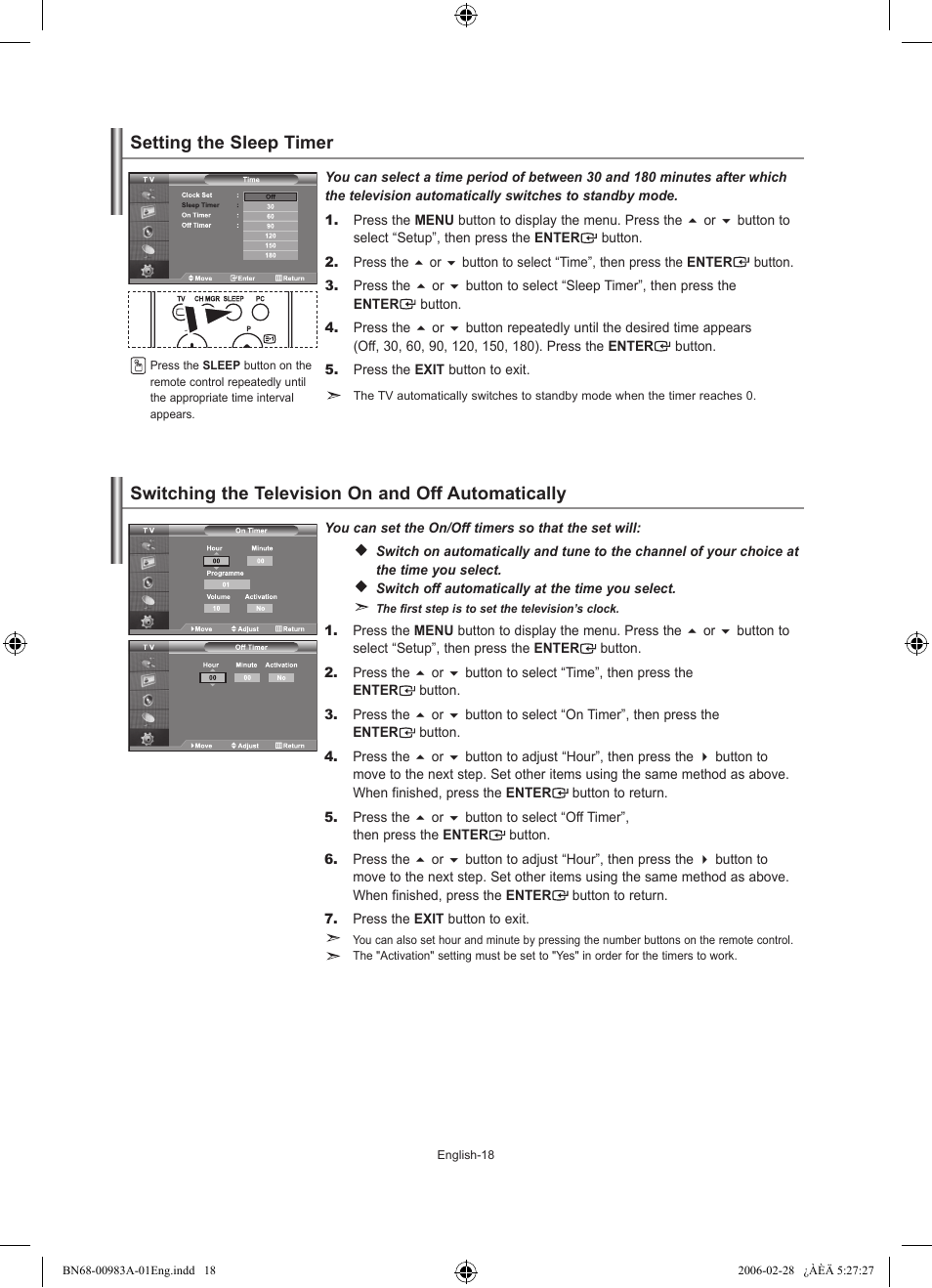 Setting the sleep timer, Switching the television on and off automatically | Samsung LE26R71B User Manual | Page 20 / 187