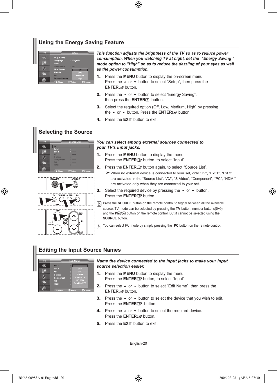 Using the energy saving feature, Selecting the source, Editing the input source names | Samsung LE26R71B User Manual | Page 22 / 187