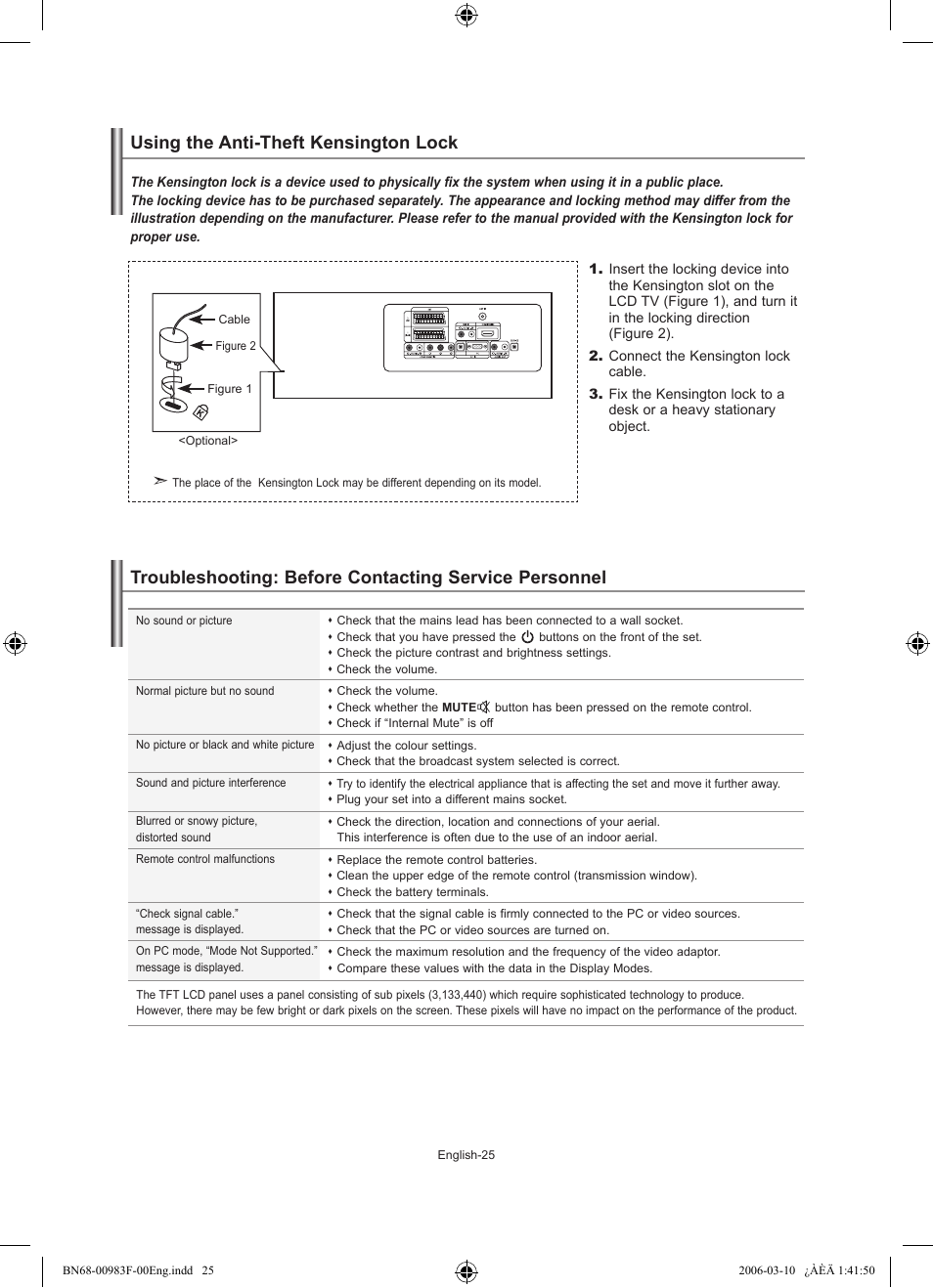 Recommendations for use, Using the anti-theft kensington lock | Samsung LE26R71B User Manual | Page 27 / 187