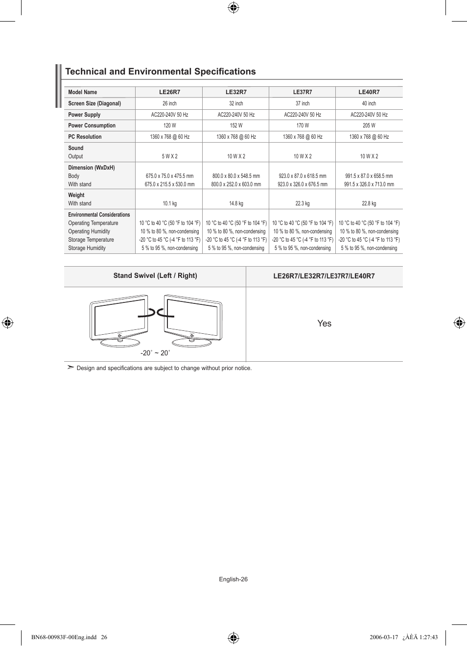 Technical and environmental specifications | Samsung LE26R71B User Manual | Page 28 / 187