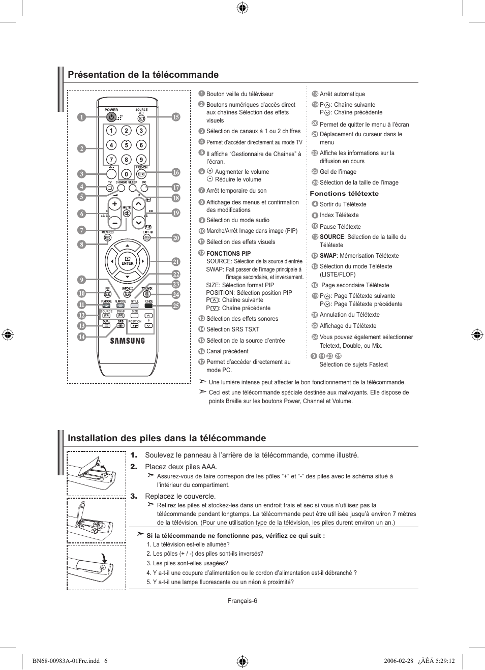 Installation des piles dans la télécommande, Présentation de la télécommande | Samsung LE26R71B User Manual | Page 34 / 187