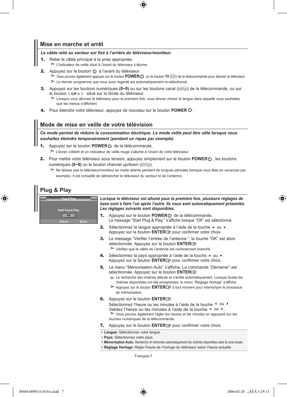 Mise en marche et arrêt, Mode de mise en veille de votre télévision, Plug & play | Samsung LE26R71B User Manual | Page 35 / 187
