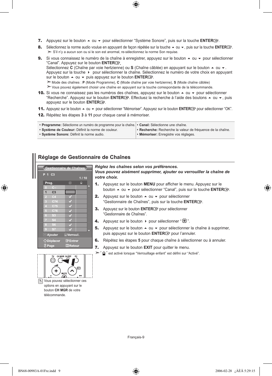 Réglage de gestionnaire de chaînes | Samsung LE26R71B User Manual | Page 37 / 187