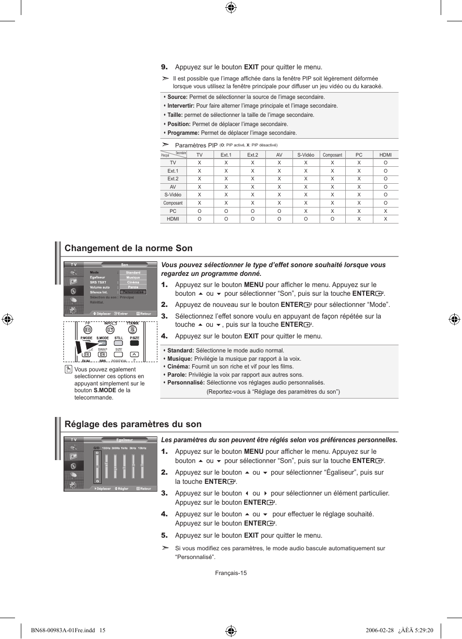 Changement de la norme son, Réglage des paramètres du son | Samsung LE26R71B User Manual | Page 43 / 187