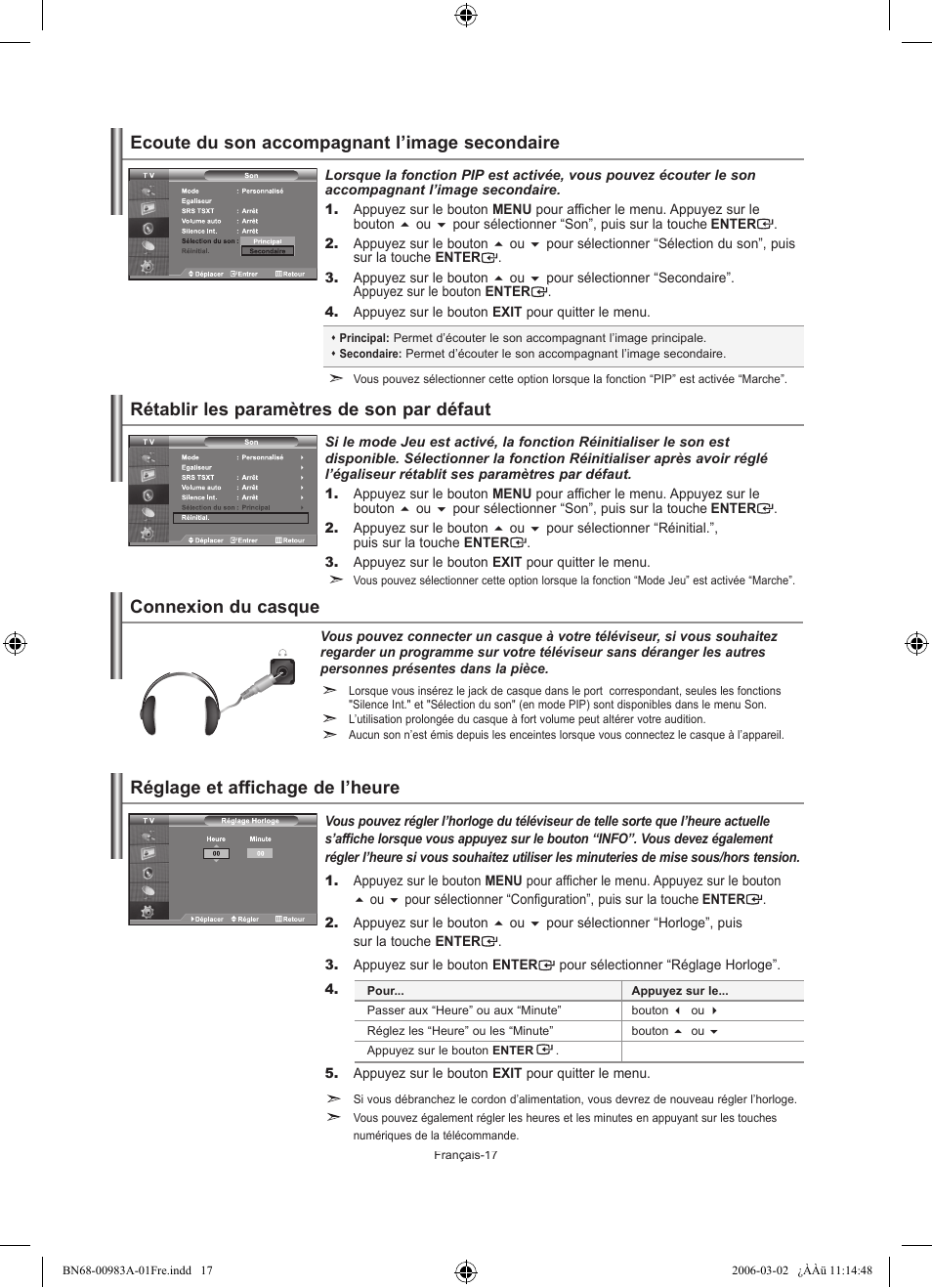 Rétablir les paramètres de son par défaut, Connexion du casque | Samsung LE26R71B User Manual | Page 45 / 187