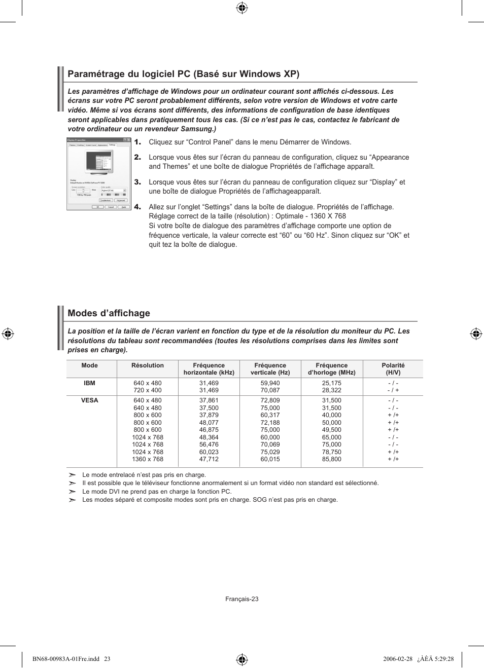 Paramétrage du logiciel pc (basé sur windows xp), Modes d’affichage | Samsung LE26R71B User Manual | Page 51 / 187