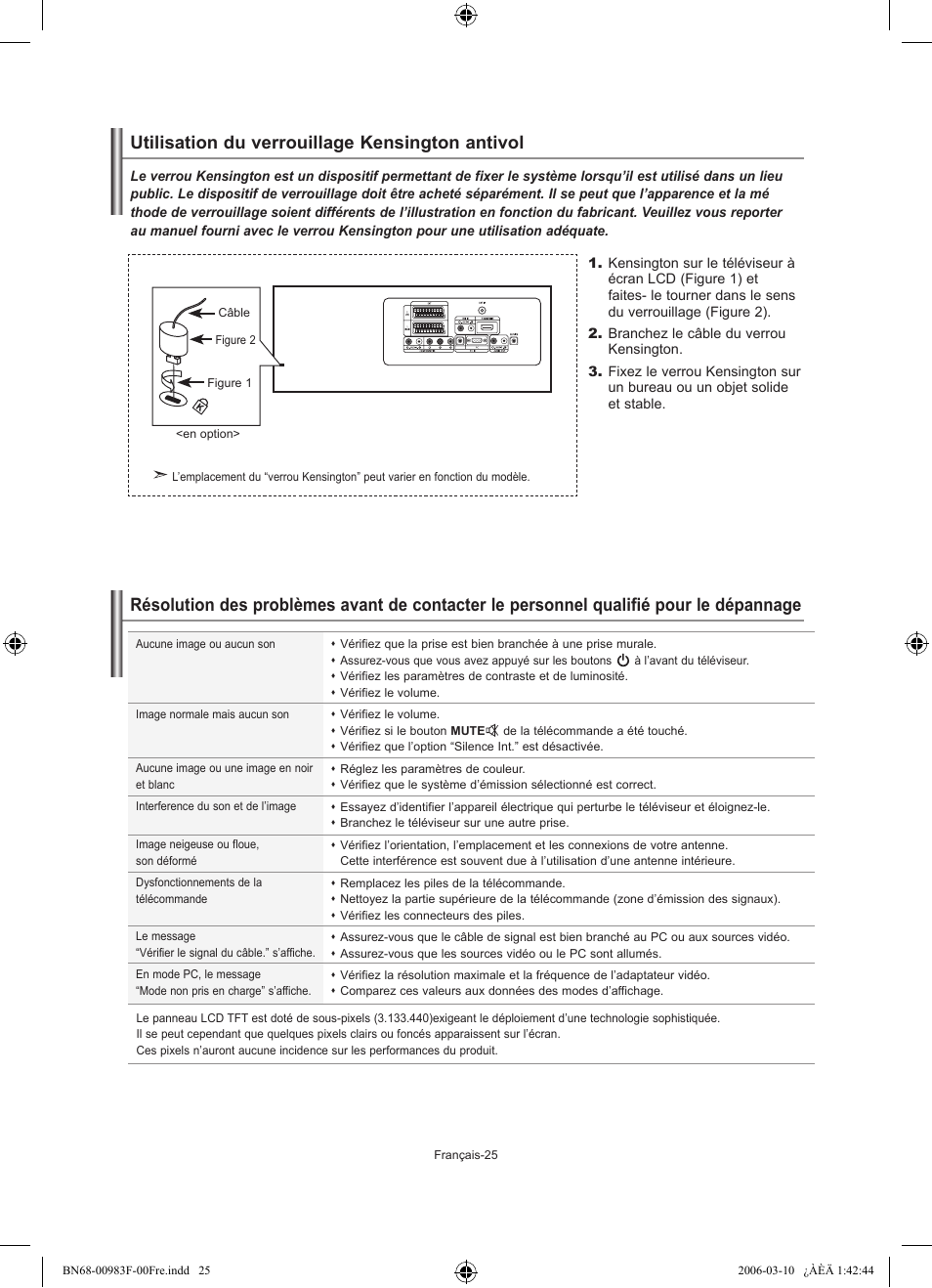 Utilisation du verrouillage kensington antivol | Samsung LE26R71B User Manual | Page 53 / 187