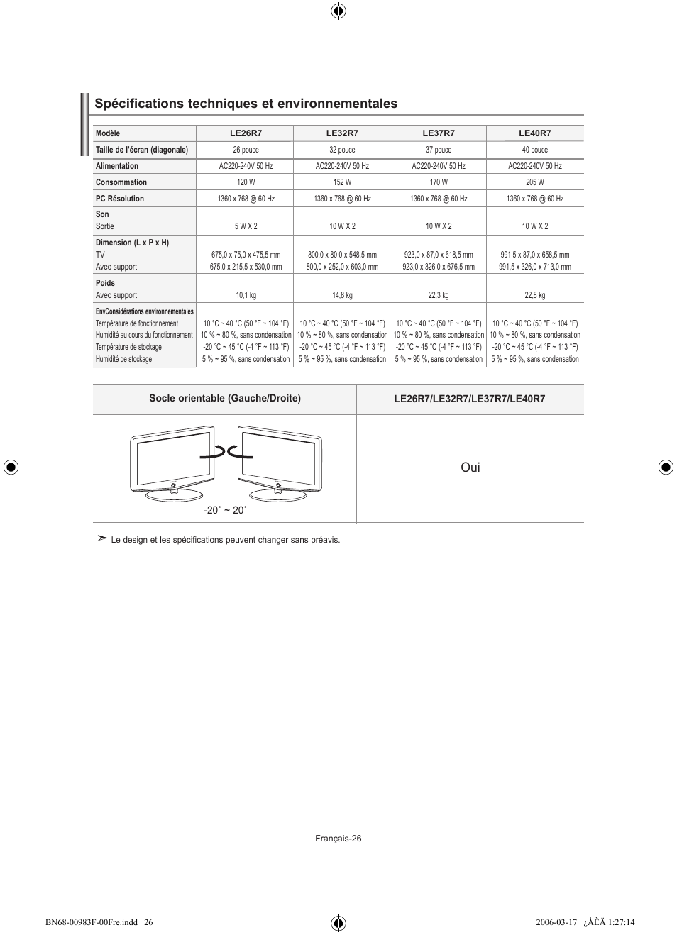 Spécifications techniques et environnementales | Samsung LE26R71B User Manual | Page 54 / 187