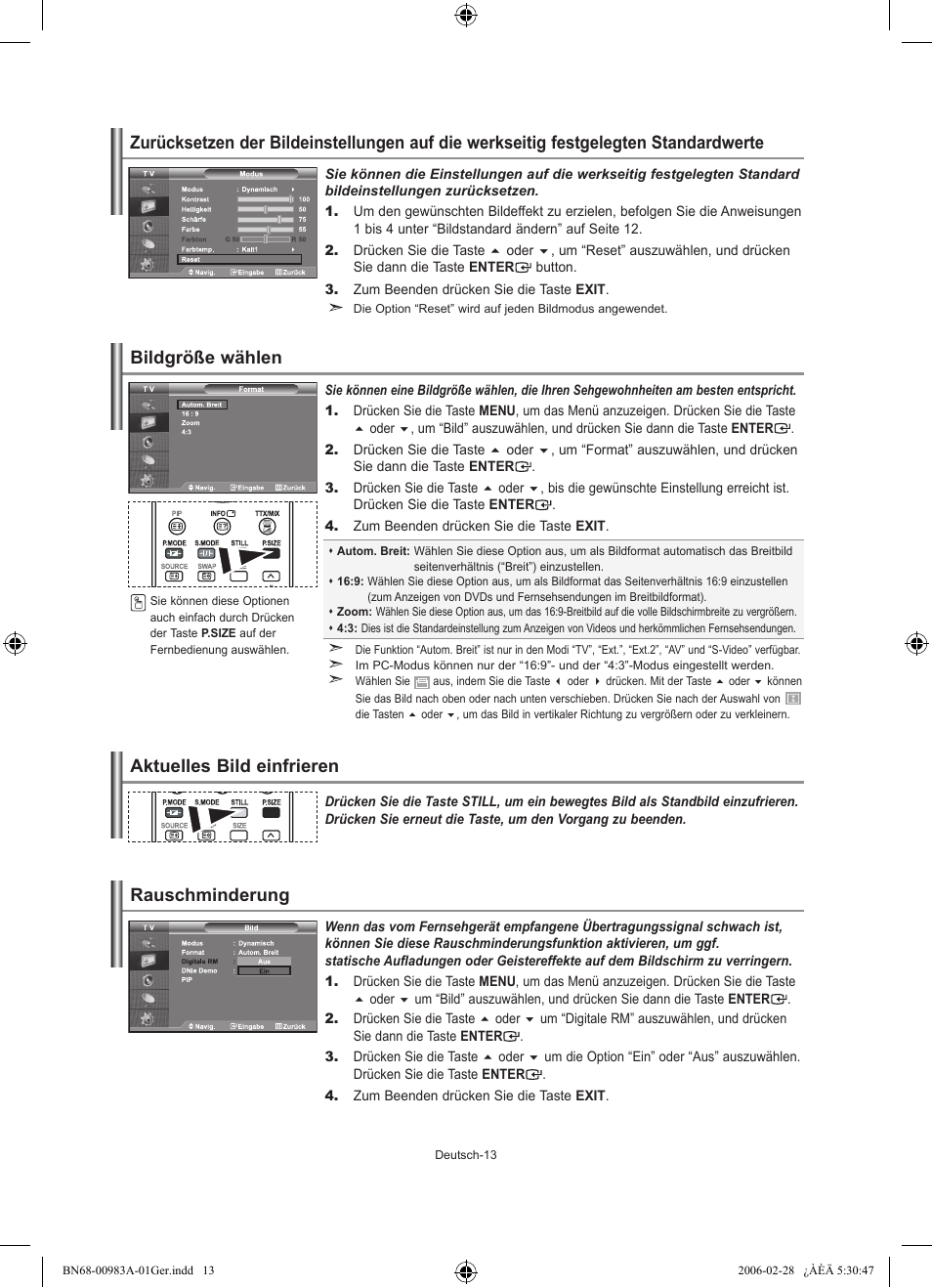 Bildgröße wählen aktuelles bild einfrieren, Rauschminderung | Samsung LE26R71B User Manual | Page 67 / 187