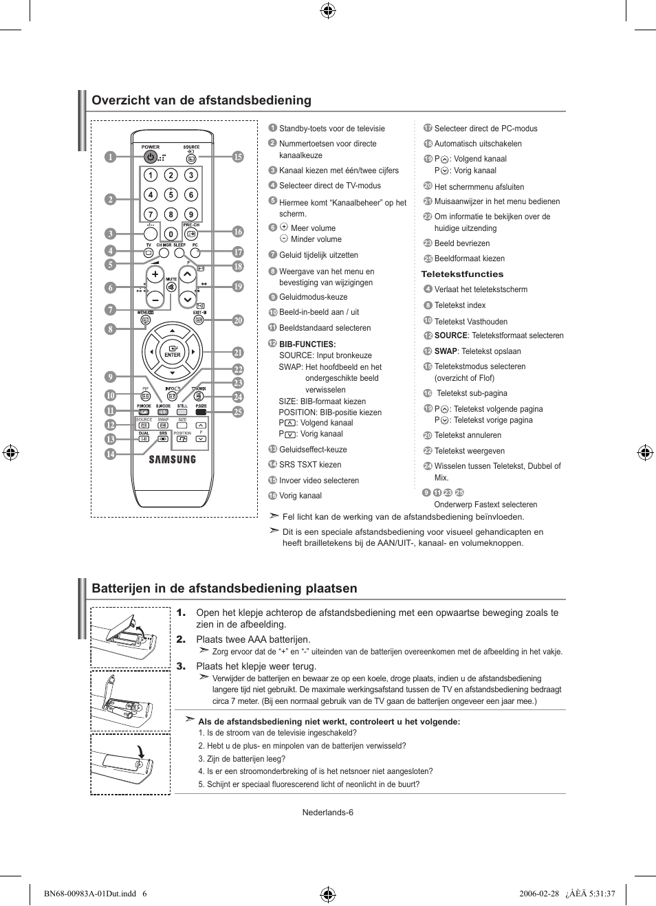 Overzicht van de afstandsbediening, Batterijen in de afstandsbediening plaatsen | Samsung LE26R71B User Manual | Page 86 / 187