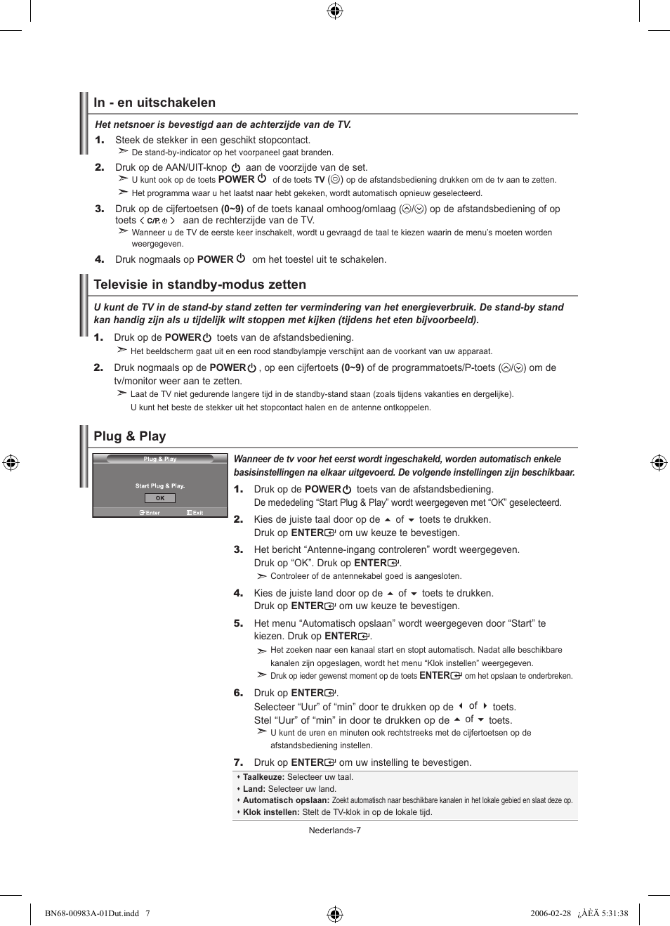 Televisie in standby-modus zetten, Plug & play | Samsung LE26R71B User Manual | Page 87 / 187