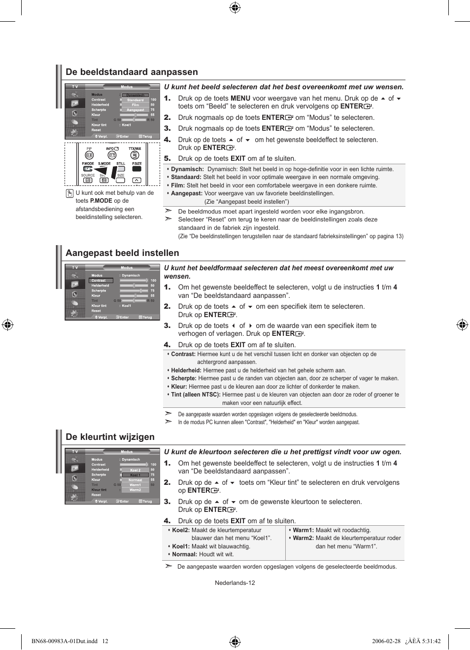 De beeldstandaard aanpassen, De kleurtint wijzigen, Aangepast beeld instellen | Samsung LE26R71B User Manual | Page 92 / 187