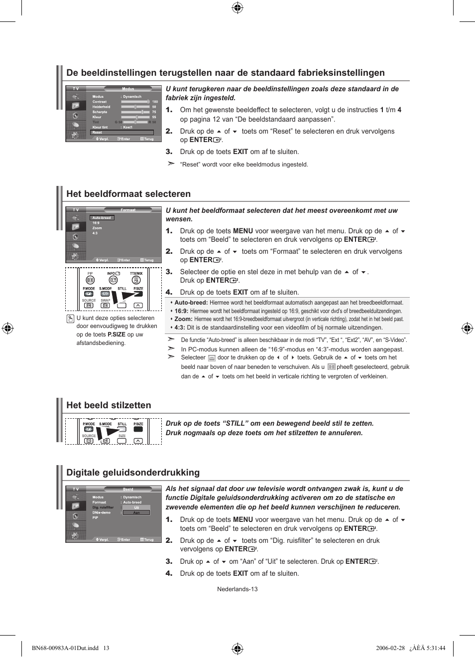 Het beeldformaat selecteren, Digitale geluidsonderdrukking | Samsung LE26R71B User Manual | Page 93 / 187