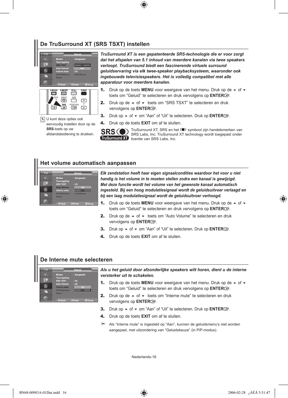 De trusurround xt (srs tsxt) instellen, Het volume automatisch aanpassen, De interne mute selecteren | Samsung LE26R71B User Manual | Page 96 / 187