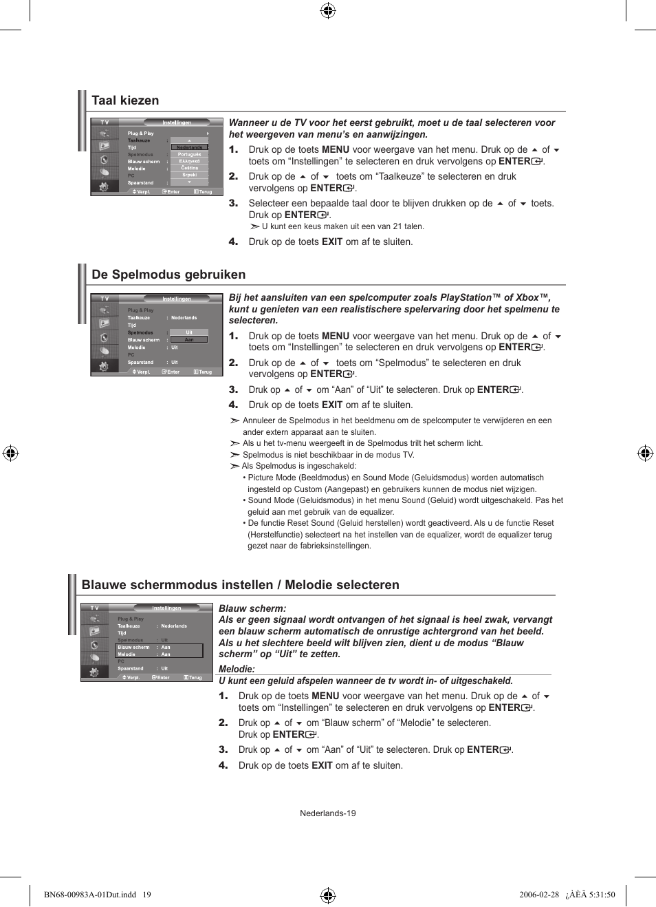 Taal kiezen, De spelmodus gebruiken, Blauwe schermmodus instellen / melodie selecteren | Samsung LE26R71B User Manual | Page 99 / 187