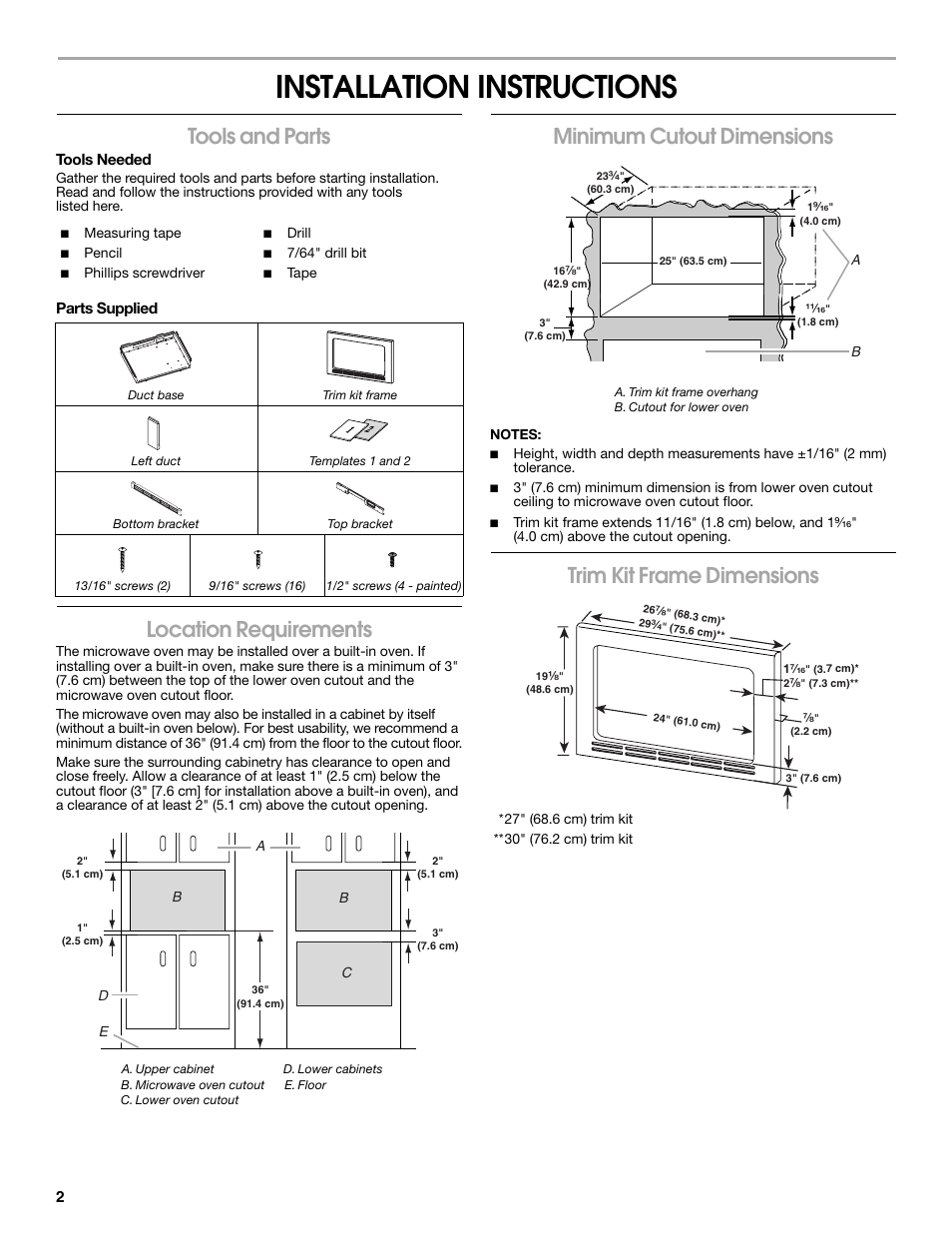 Installation instructions, Tools and parts, Location requirements | Minimum cutout dimensions, Trim kit frame dimensions | Amana JJW9130DD User Manual | Page 2 / 4