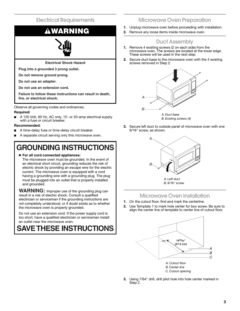 Grounding instructions save these instructions, Warning, Electrical requirements | Microwave oven preparation, Duct assembly, Microwave oven installation | Amana JJW9130DD User Manual | Page 3 / 4