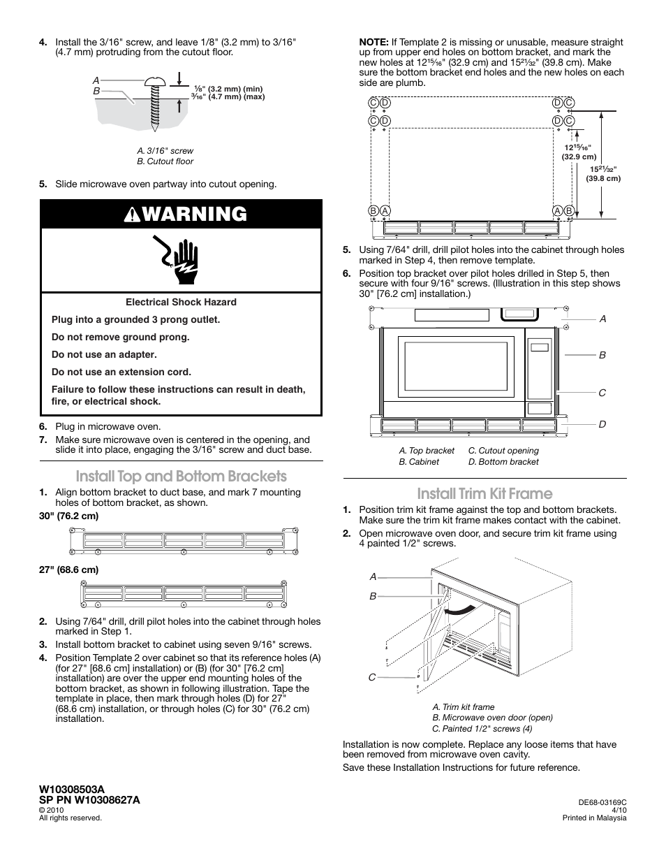 Warning, Install top and bottom brackets, Install trim kit frame | Amana JJW9130DD User Manual | Page 4 / 4