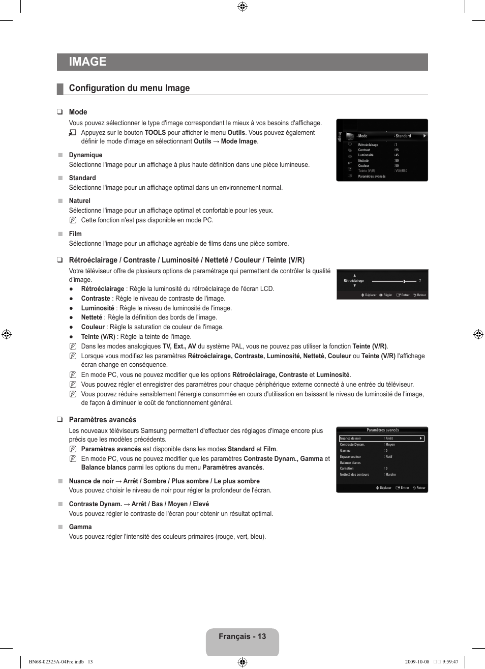 Image, Configuration du menu image, Français - 13 | Mode, Paramètres avancés | Samsung LE40B650T2W User Manual | Page 101 / 674