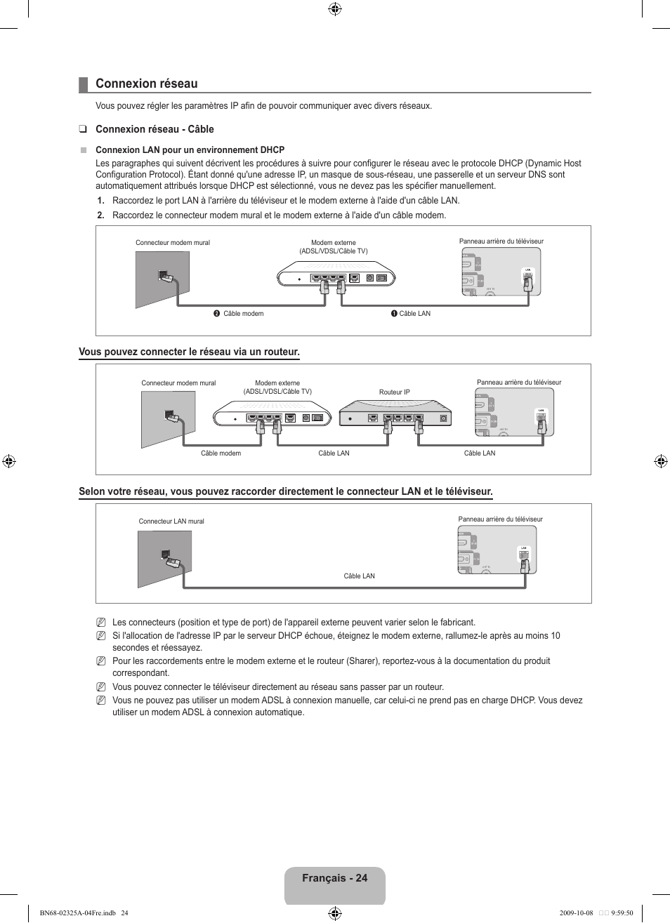 Connexion réseau | Samsung LE40B650T2W User Manual | Page 112 / 674