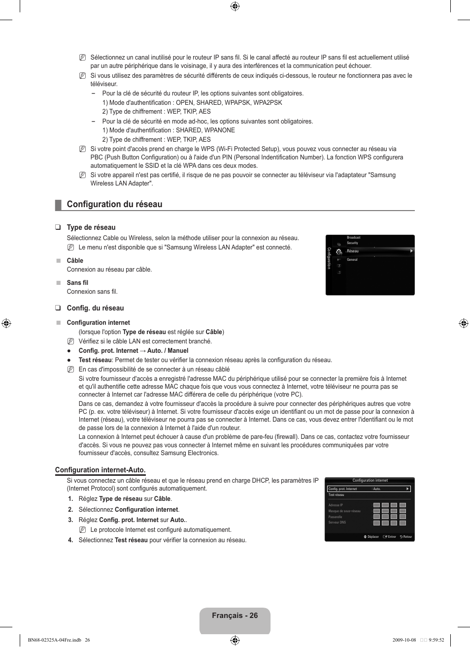 Configuration du réseau, Français - 26, Type de réseau | Config. du réseau, Configuration internet-auto | Samsung LE40B650T2W User Manual | Page 114 / 674