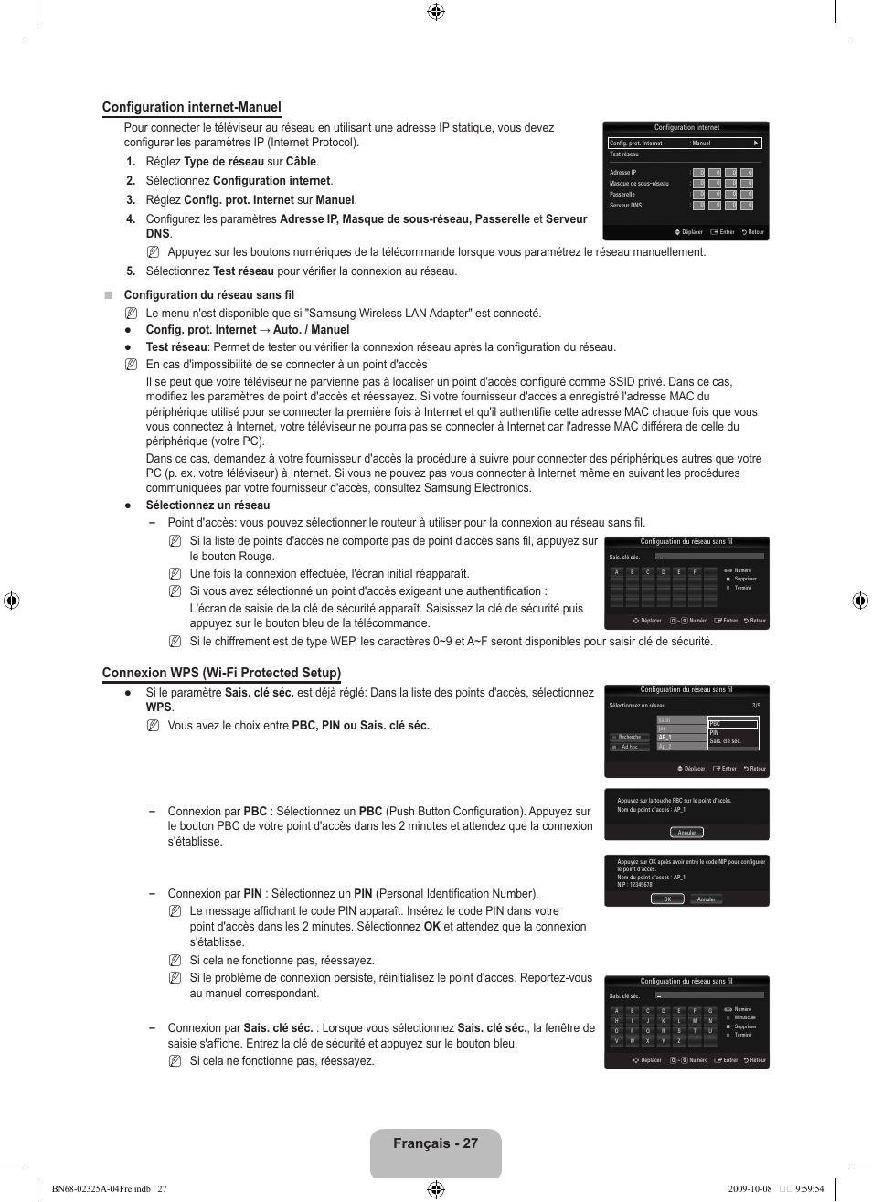 Français - 27 configuration internet-manuel, Connexion wps (wi-fi protected setup) | Samsung LE40B650T2W User Manual | Page 115 / 674