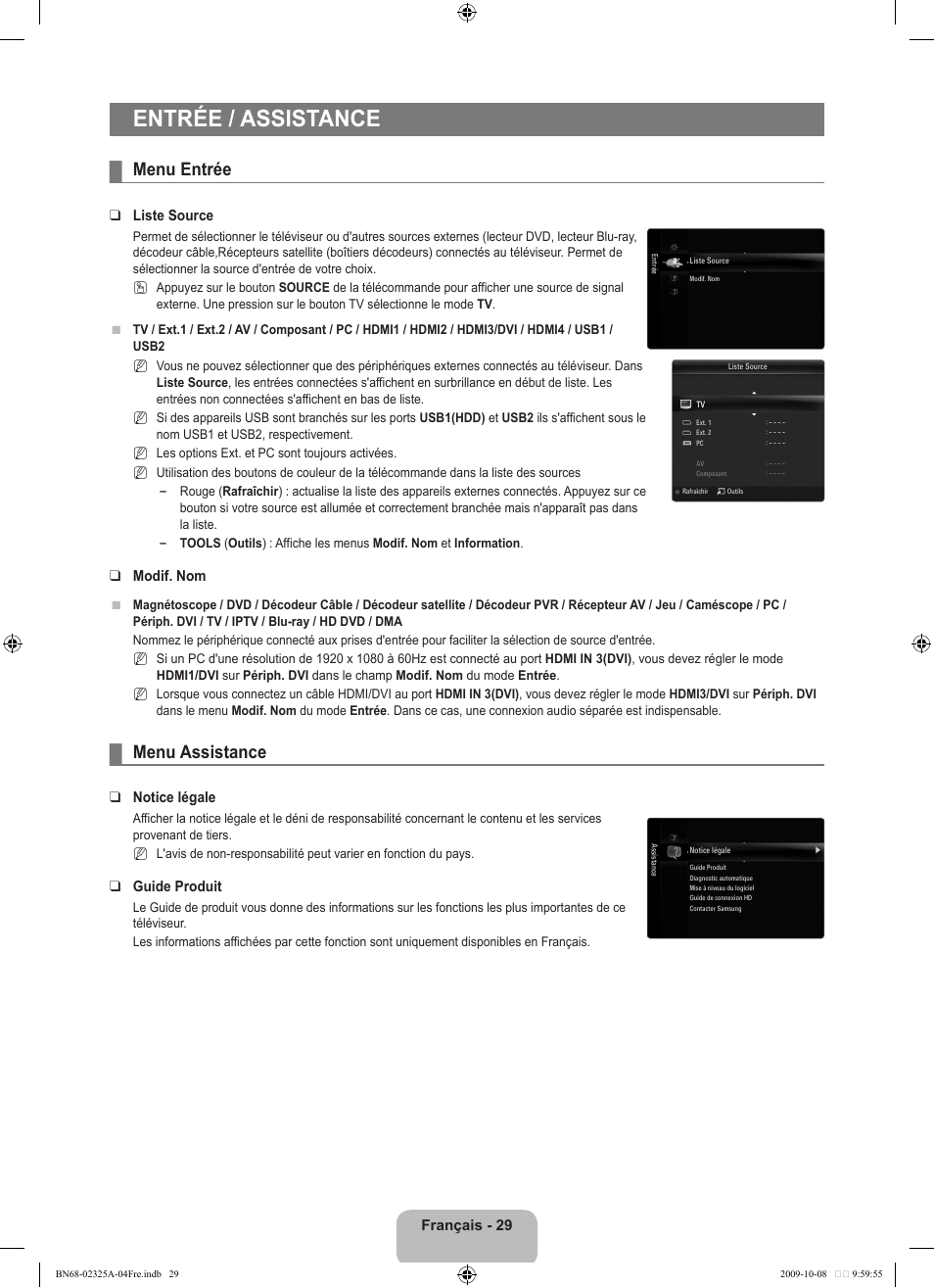 Entrée / assistance, Menu entrée, Menu assistance | Samsung LE40B650T2W User Manual | Page 117 / 674