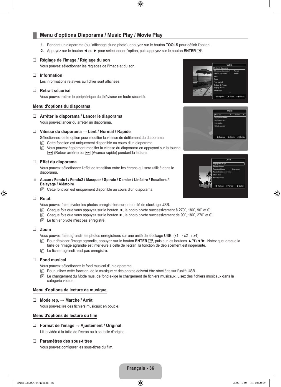 Menu d'options diaporama / music play / movie play | Samsung LE40B650T2W User Manual | Page 124 / 674