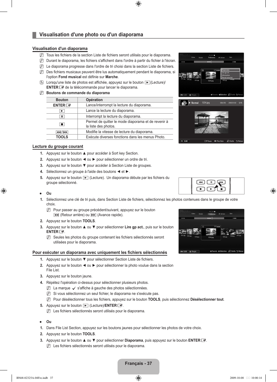 Visualisation d'une photo ou d'un diaporama, Français - 37, Visualisation d'un diaporama | Lecture du groupe courant | Samsung LE40B650T2W User Manual | Page 125 / 674
