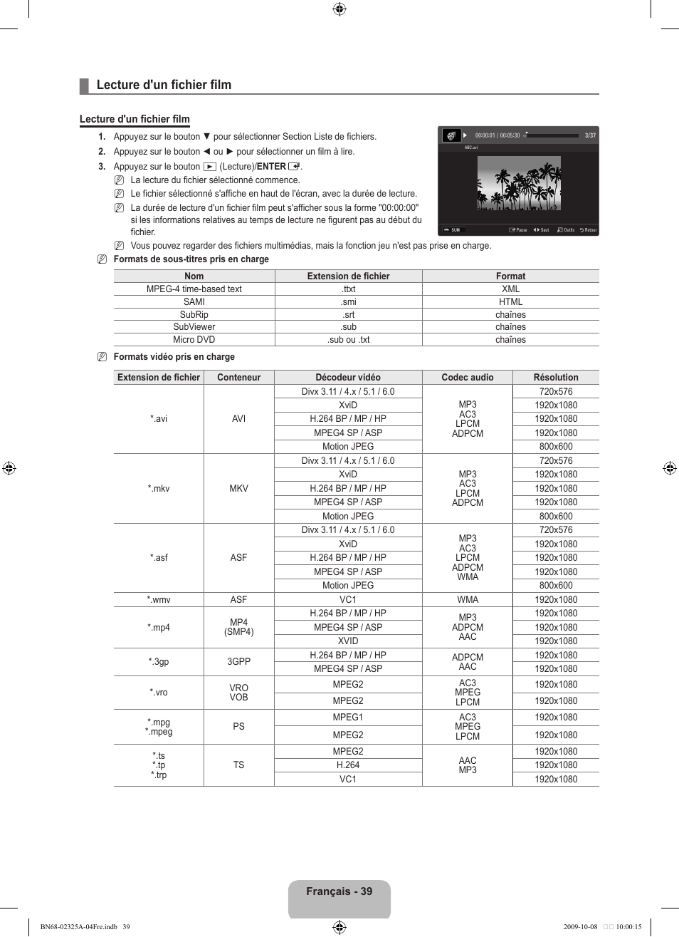 Lecture d'un fichier film | Samsung LE40B650T2W User Manual | Page 127 / 674